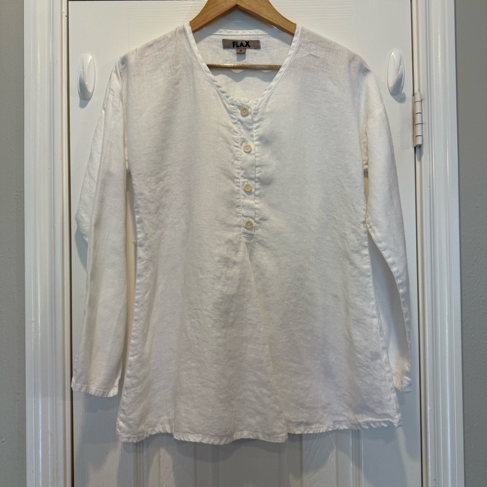 FLAX Long Tunic Top White 100% Linen Size P XS  Long Sleeves Summer Lagenlook